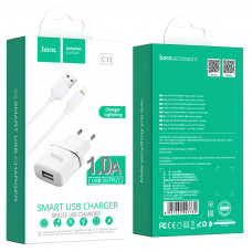 Мережевий зарядний пристрій адаптер 220V Hoco C11 Smart 1USB + кабель iPhone 1A